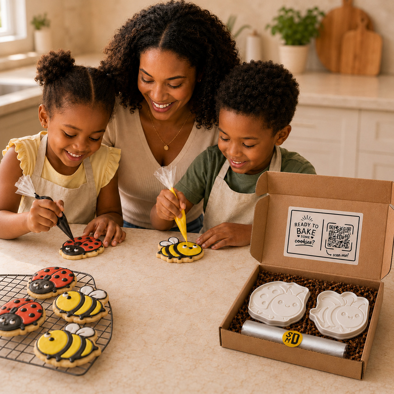 Mom and kids decorating ladybug and bee cookies