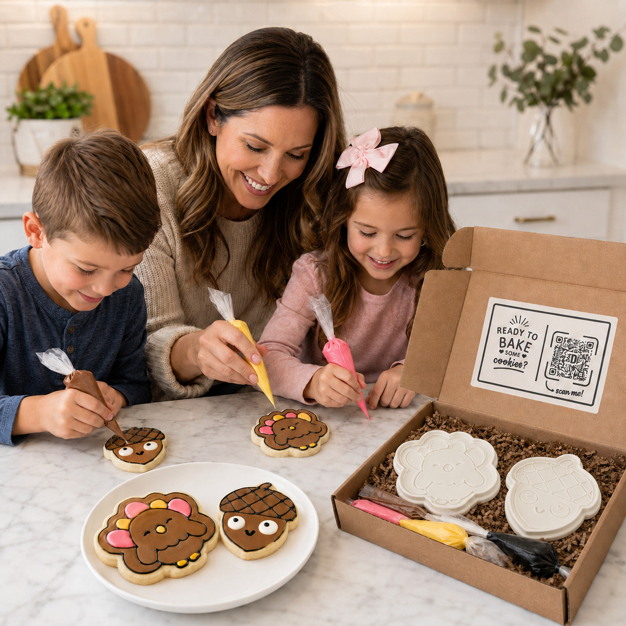 Family decorating fall acorn and turkey cookies