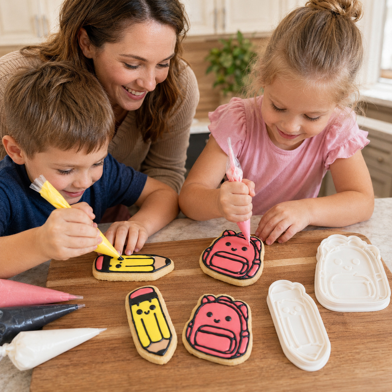 Mom and kids decorating pencil and backpack cookies