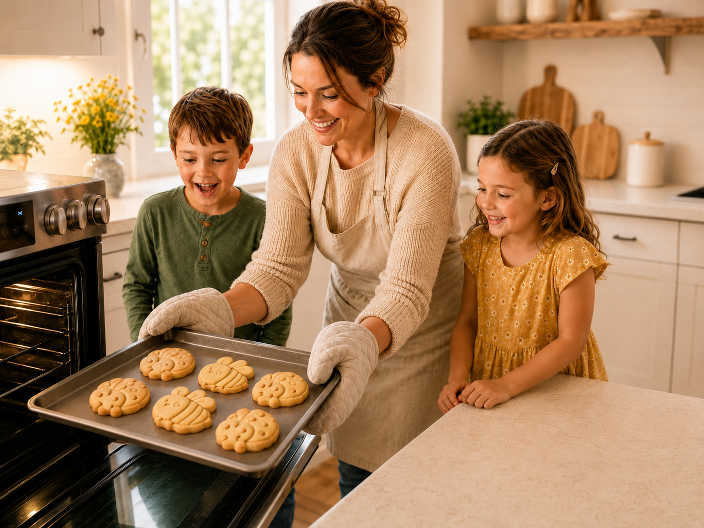 Mom and kids pulling a tray of cookie-cutter cookies from the oven