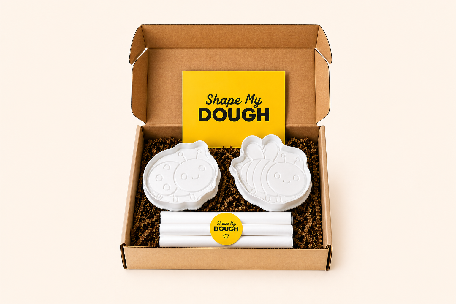 Shape My Dough box with ladybug and bee cookie cutters, piping bags, and recipe card